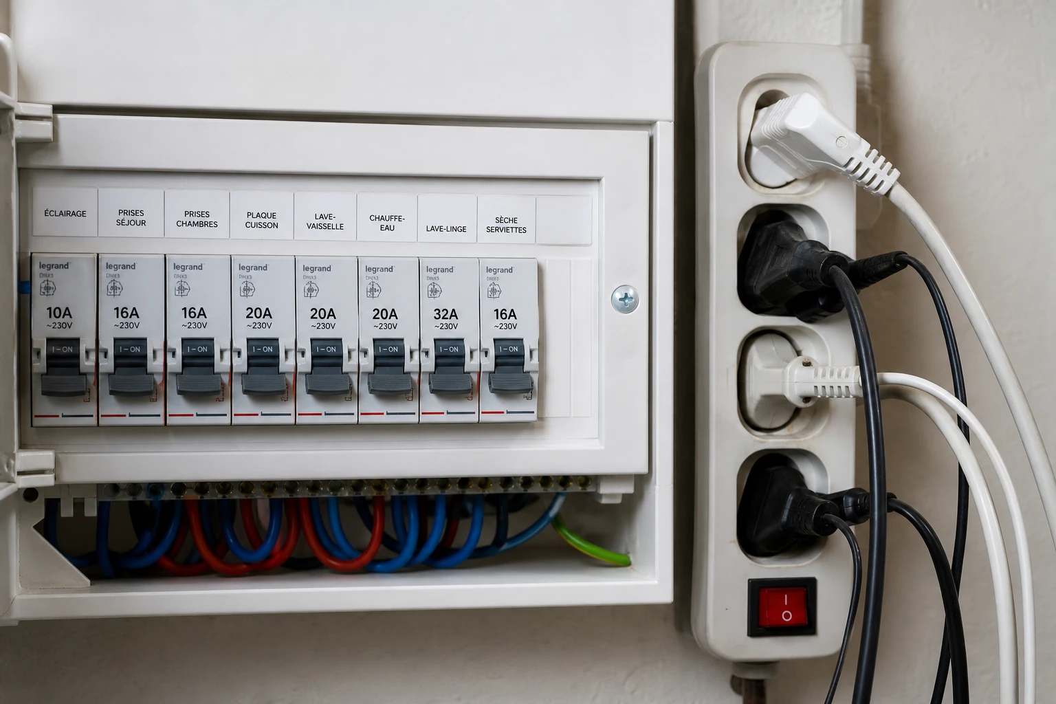 Tableau électrique avec disjoncteurs divisionnaires et prises murales dans un logement